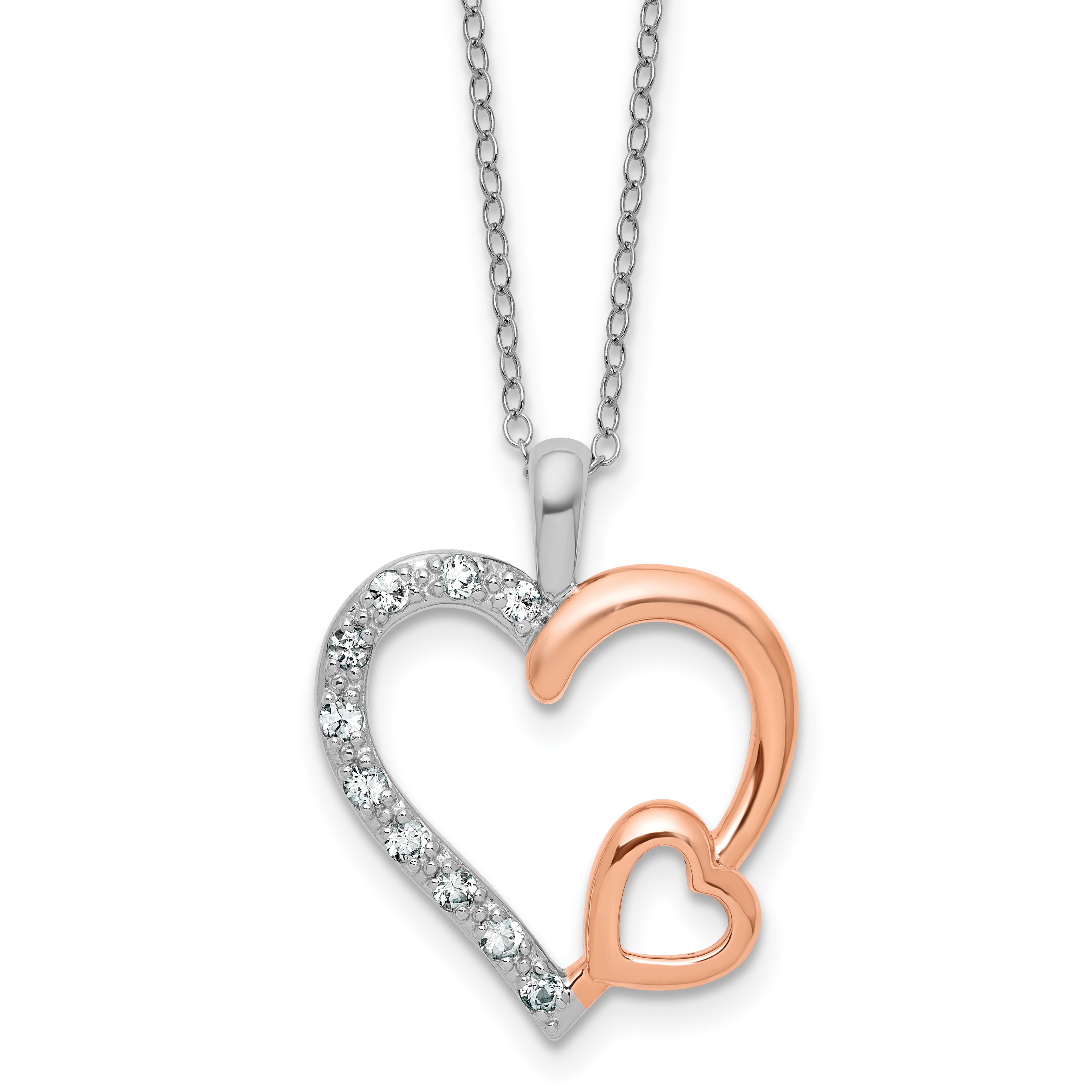 Sterling Silver and Rose Gold plated White Sapphire Heart Necklace 18