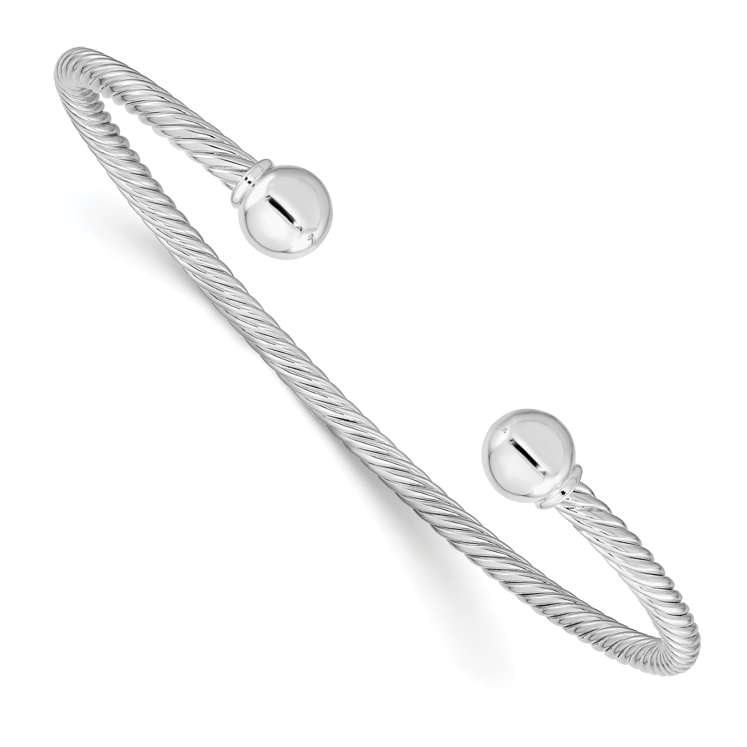 Sterling Silver Rhodium-Platedod-plated Twisted w/1 Thread Ball Cuff Bangle