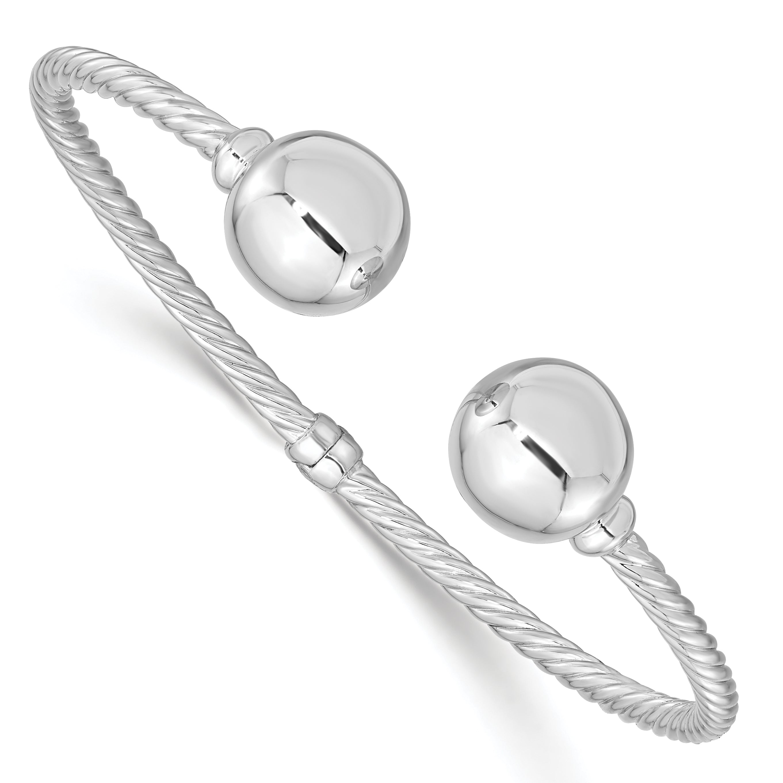 Sterling Silver Rhodium-Rhodium-Plated Twist & Beaded End Hinged Cuff Bangle
