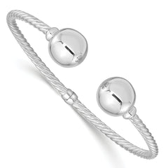 Sterling Silver Rhodium-Rhodium-Plated Twist & Beaded End Hinged Cuff Bangle