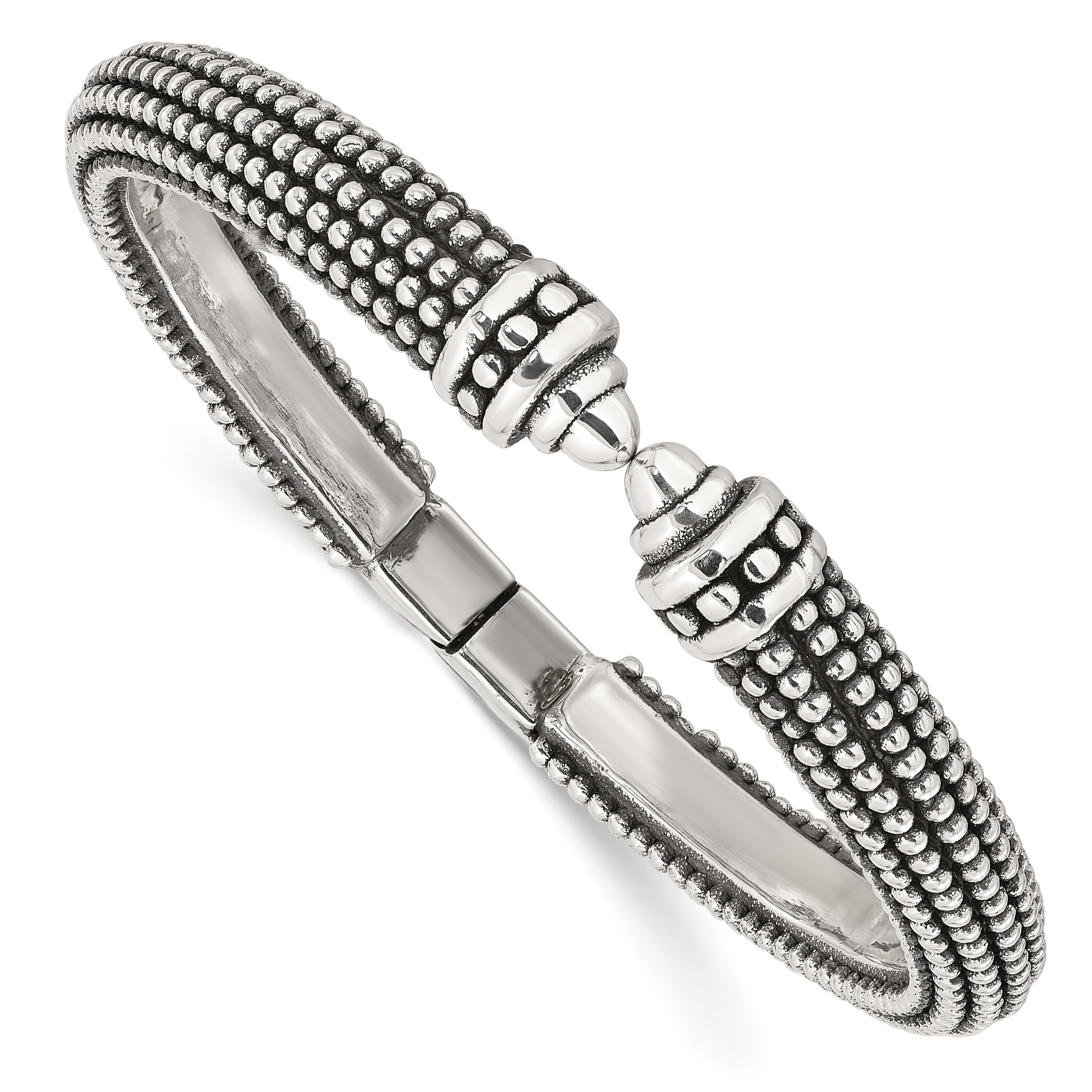 Sterling Silver Polished and Antiqued Beaded Hinged Bangle Bracelet