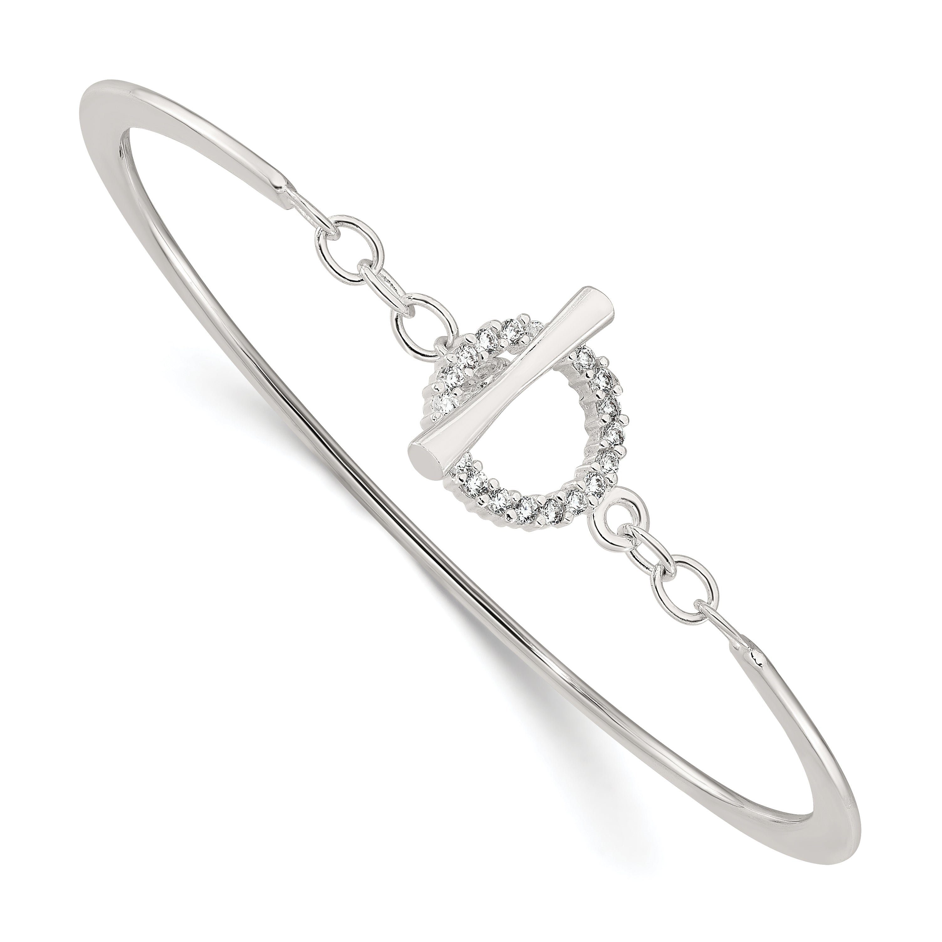 Sterling Silver Polished CZ Toggle Clasp Bangle Bracelet