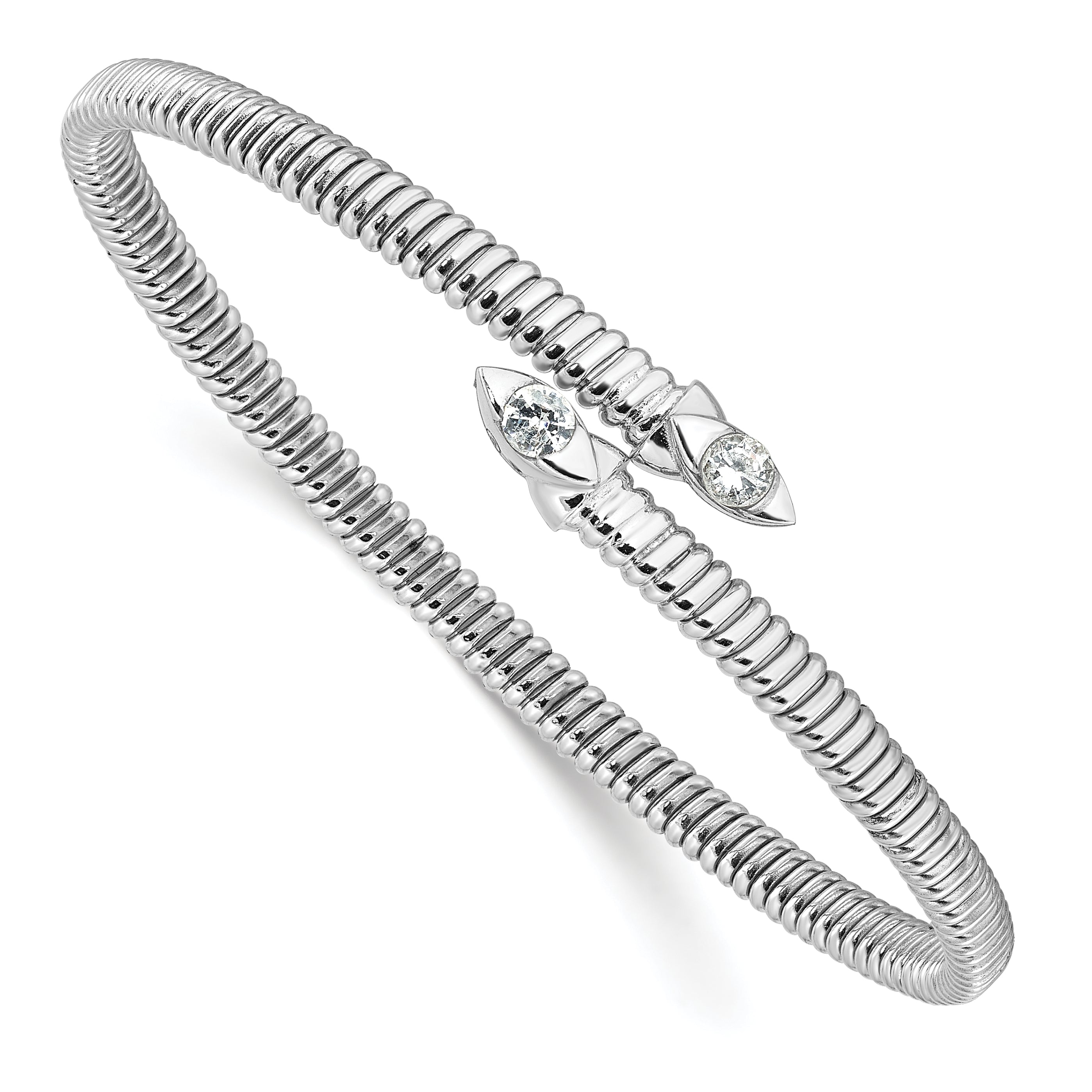 Sterling Silver Rhodium-plated Textured CZ Bypass Cuff Bangle Bracelet