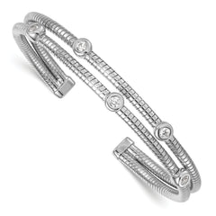 Sterling Silver Rhod-plated Textured CZ Moveable Wrap Bangle Bracelet