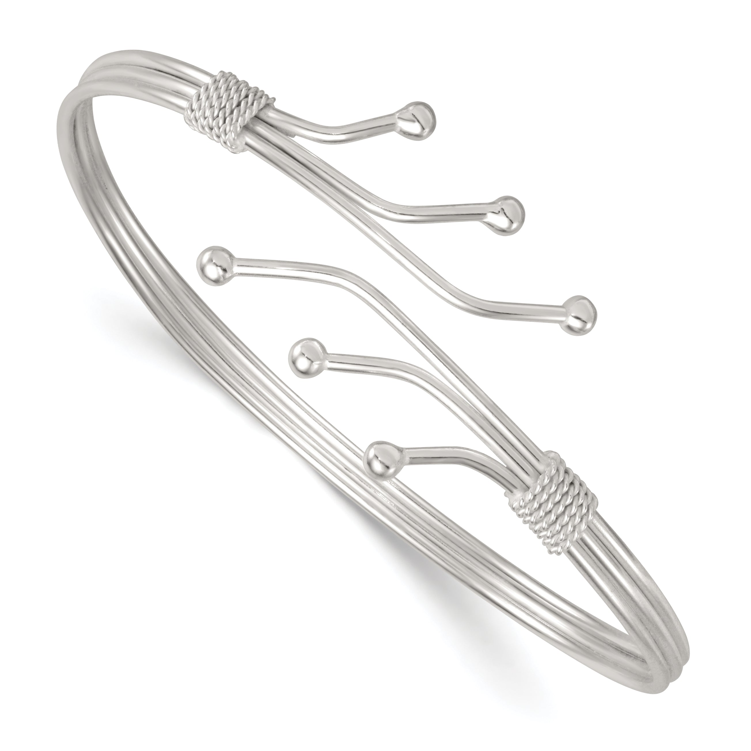 Sterling Silver Polished Twisted and Beaded Fancy Triple Band Cuff Bangle Bracelet