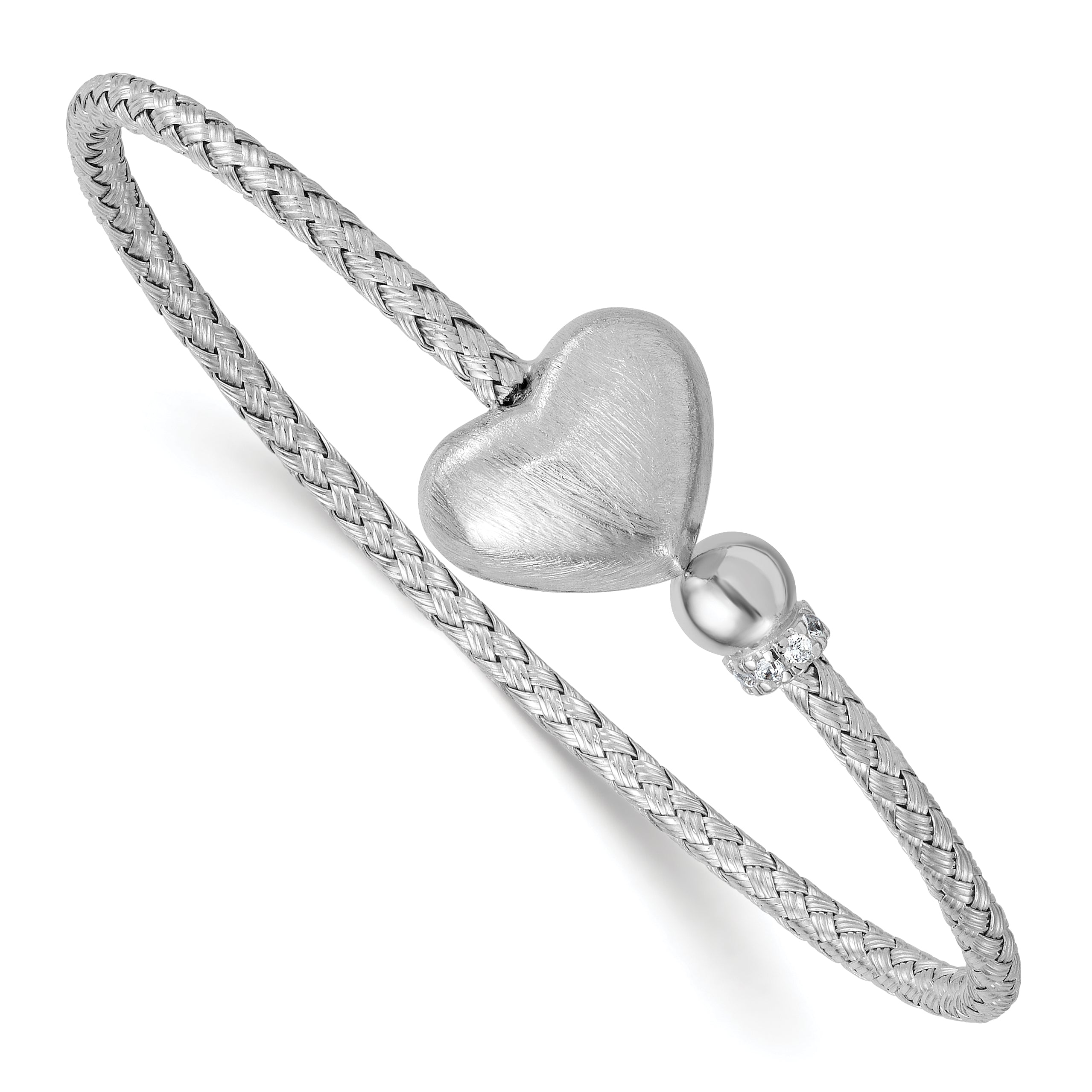 Sterling Silver Rhodium-plated Brushed Heart and CZ Flexible Cuff Bangle