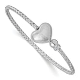 Sterling Silver Rhodium-plated Brushed Heart and CZ Flexible Cuff Bangle