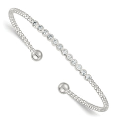 Sterling Silver Polished and Beaded Bezel Set CZ Bar Cuff Bangle