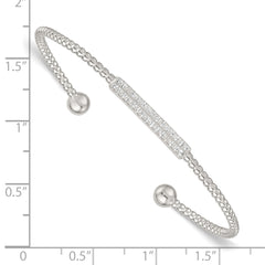 Sterling Silver Polished and Beaded CZ Bar Cuff Bangle