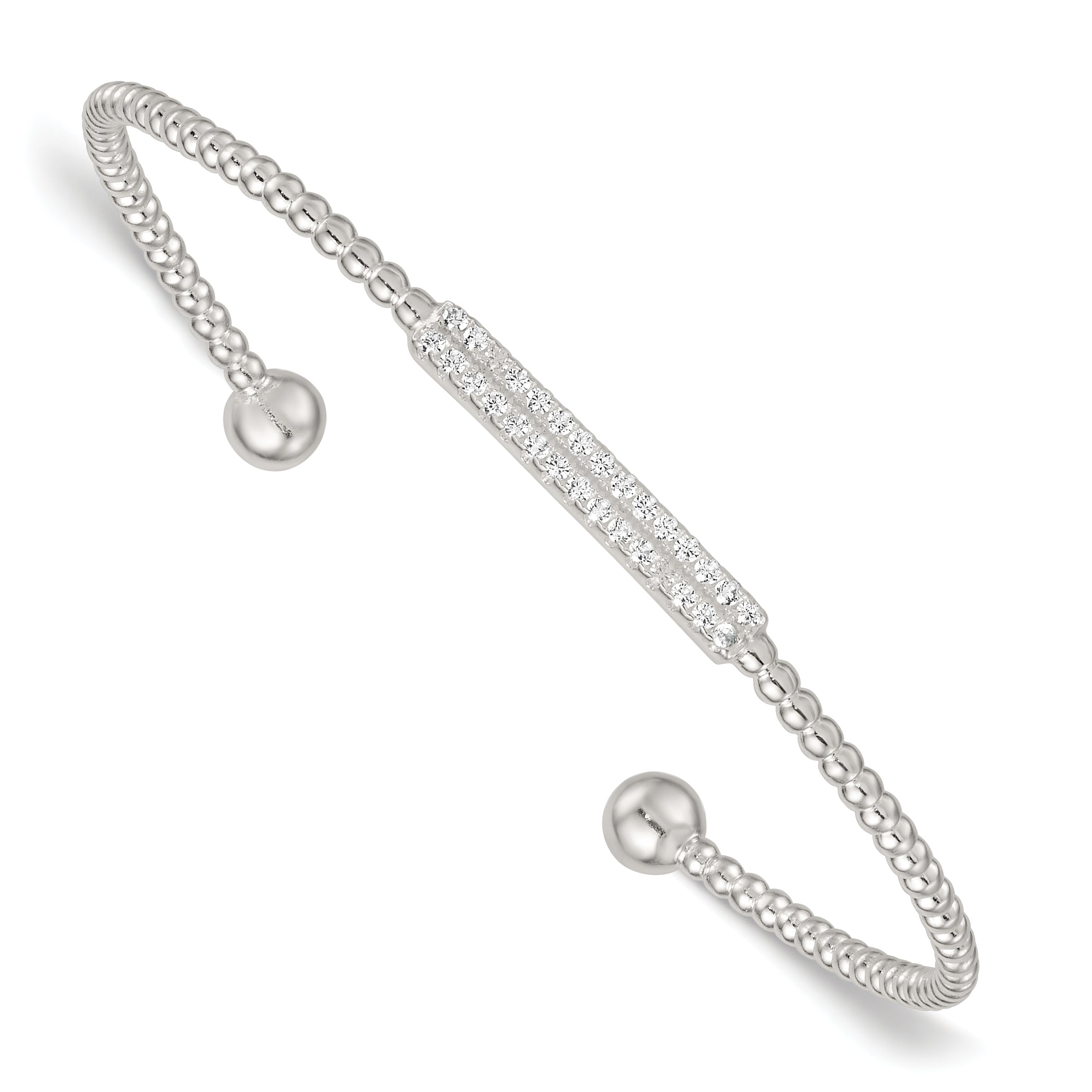 Sterling Silver Polished and Beaded CZ Bar Cuff Bangle