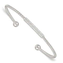 Sterling Silver Polished and Beaded CZ Bar Cuff Bangle