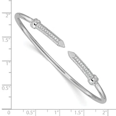 Sterling Silver Rhodium-plated Polished CZ Pointed Ends Flexible Cuff Bangle