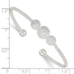 Sterling Silver Polished and Beaded Pave CZ Triple Circle Cuff Bangle