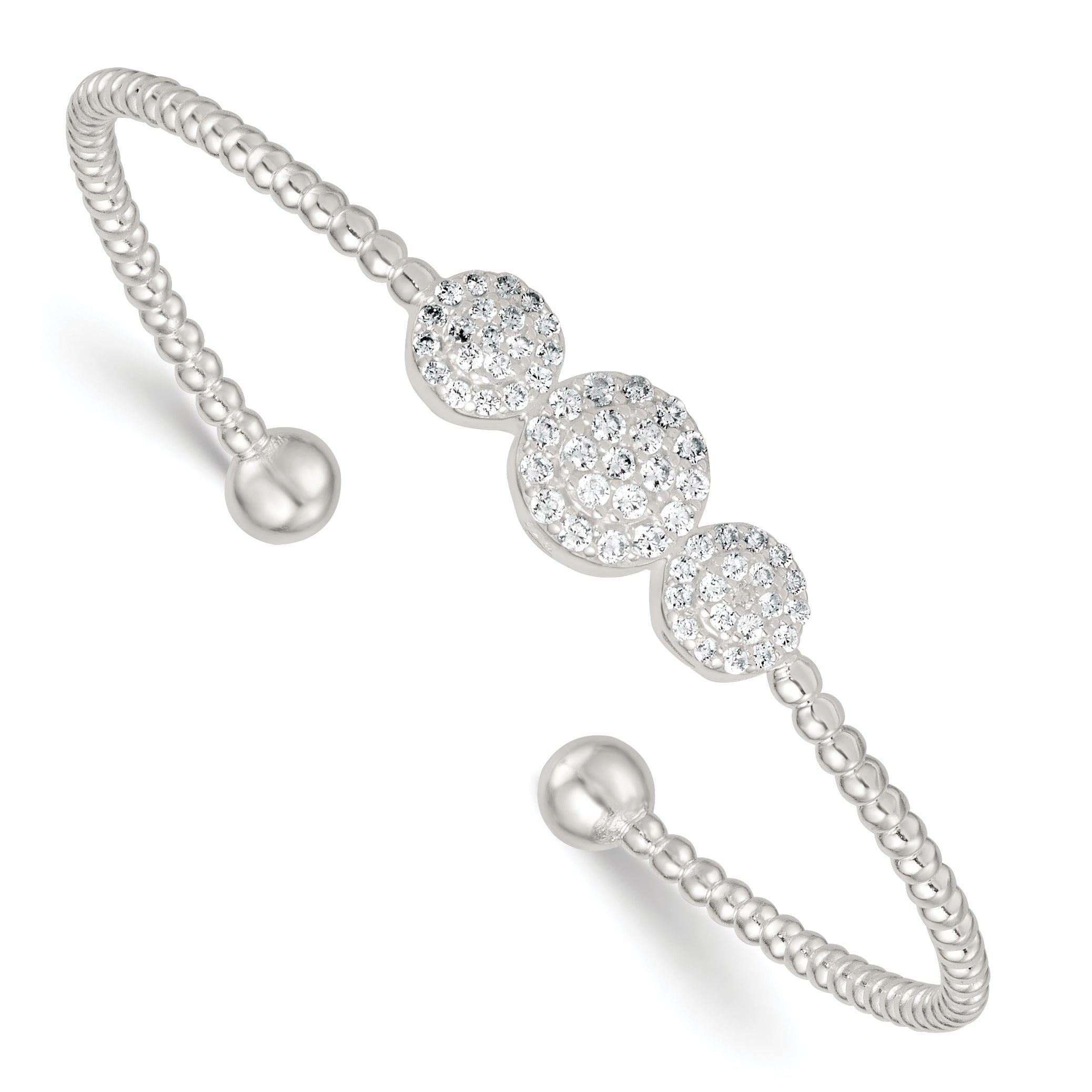 Sterling Silver Polished and Beaded Pave CZ Triple Circle Cuff Bangle