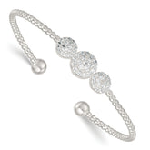 Sterling Silver Polished and Beaded Pave CZ Triple Circle Cuff Bangle