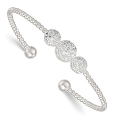 Sterling Silver Polished and Beaded Pave CZ Triple Circle Cuff Bangle