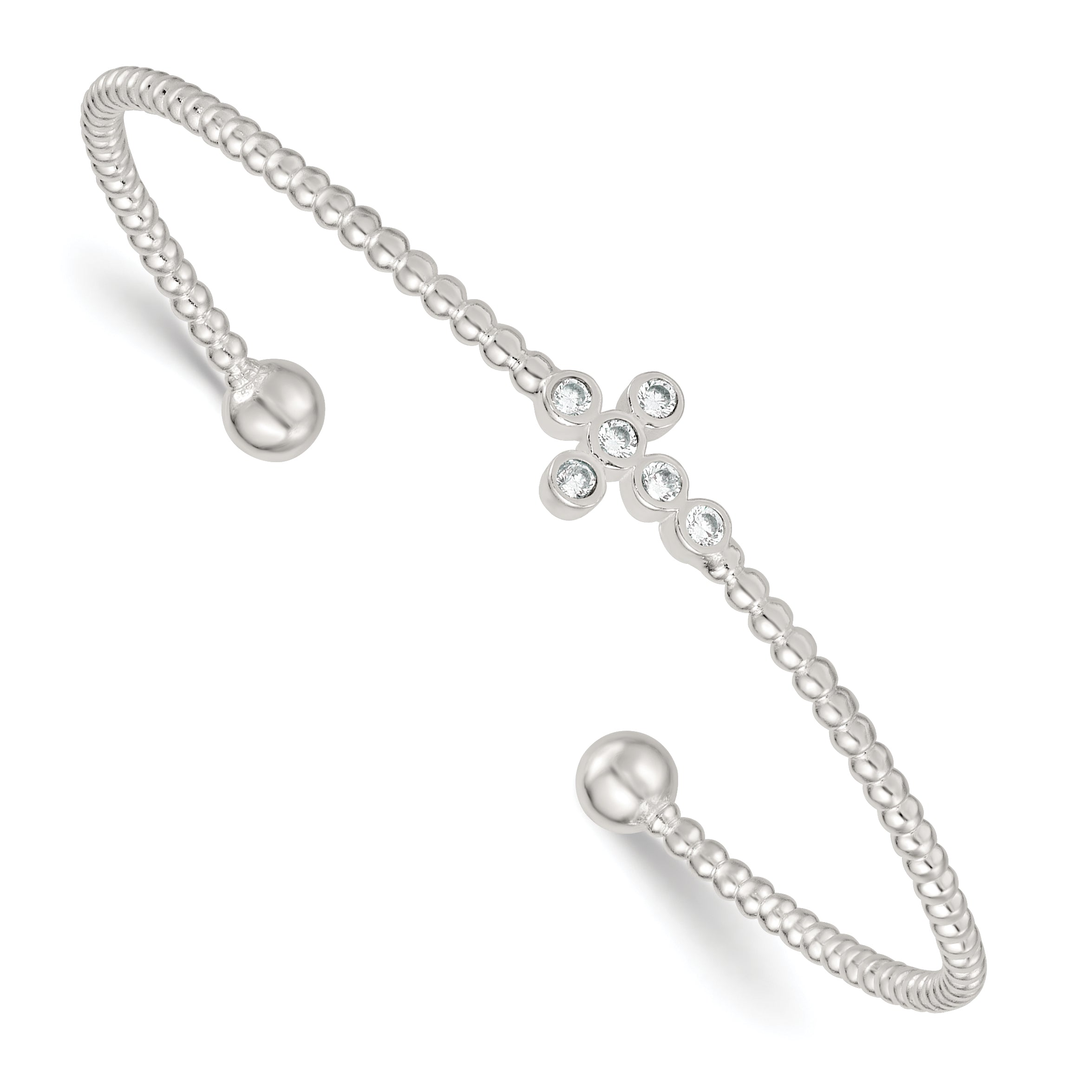 Sterling Silver Polished and Beaded CZ Cross Cuff Bangle