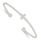 Sterling Silver Polished and Beaded CZ Cross Cuff Bangle