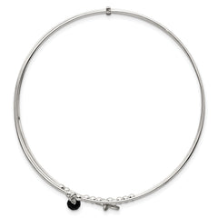 Sterling Silver Polished Beaded Miraculous Medal and Black Glass Bead Triple Band Slip-on Bangle Bracelet