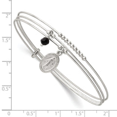 Sterling Silver Polished Beaded Miraculous Medal and Black Glass Bead Triple Band Slip-on Bangle Bracelet