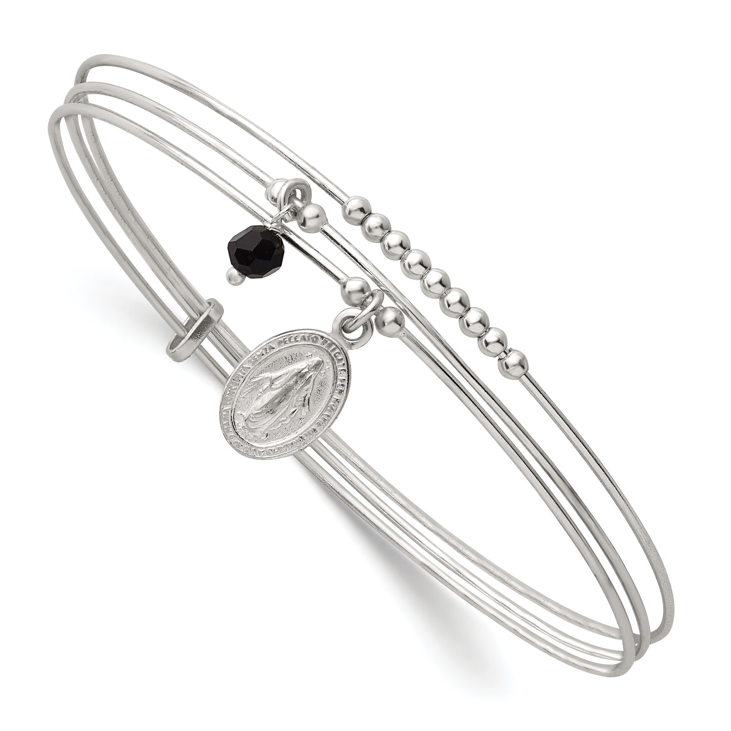 Sterling Silver Polished Beaded Miraculous Medal and Black Glass Bead Triple Band Slip-on Bangle Bracelet