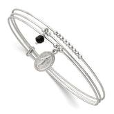 Sterling Silver Polished Beaded Miraculous Medal and Black Glass Bead Triple Band Slip-on Bangle Bracelet
