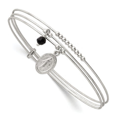 Sterling Silver Polished Beaded Miraculous Medal and Black Glass Bead Triple Band Slip-on Bangle Bracelet