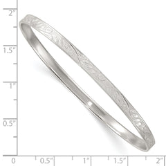 Sterling Silver Polished Textured 4.00mm Floral Pattern Slip-on Bangle Bracelet