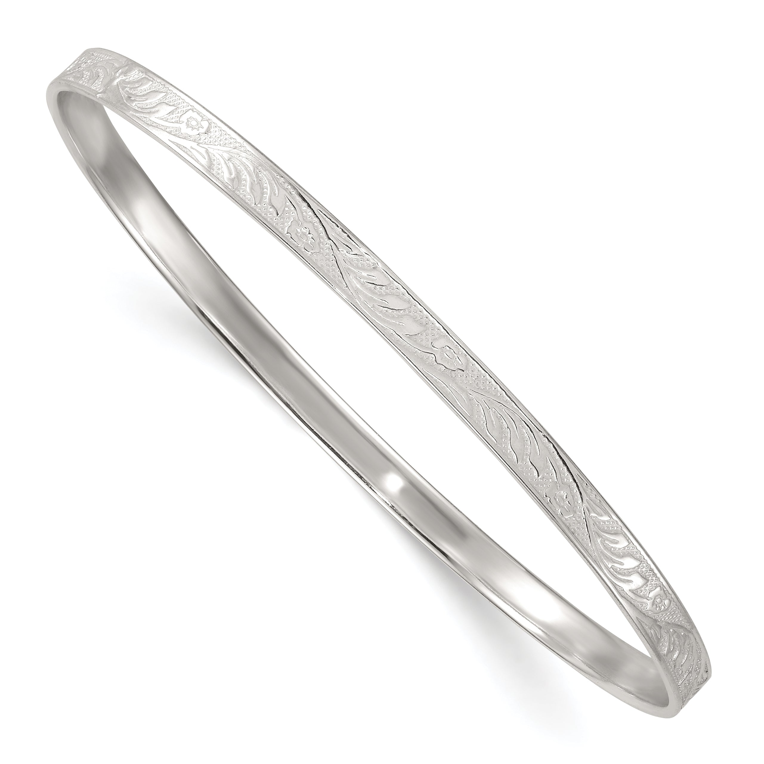 Sterling Silver Polished Textured 4.00mm Floral Pattern Slip-on Bangle Bracelet