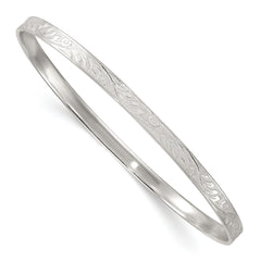 Sterling Silver Polished Textured 4.00mm Floral Pattern Slip-on Bangle Bracelet
