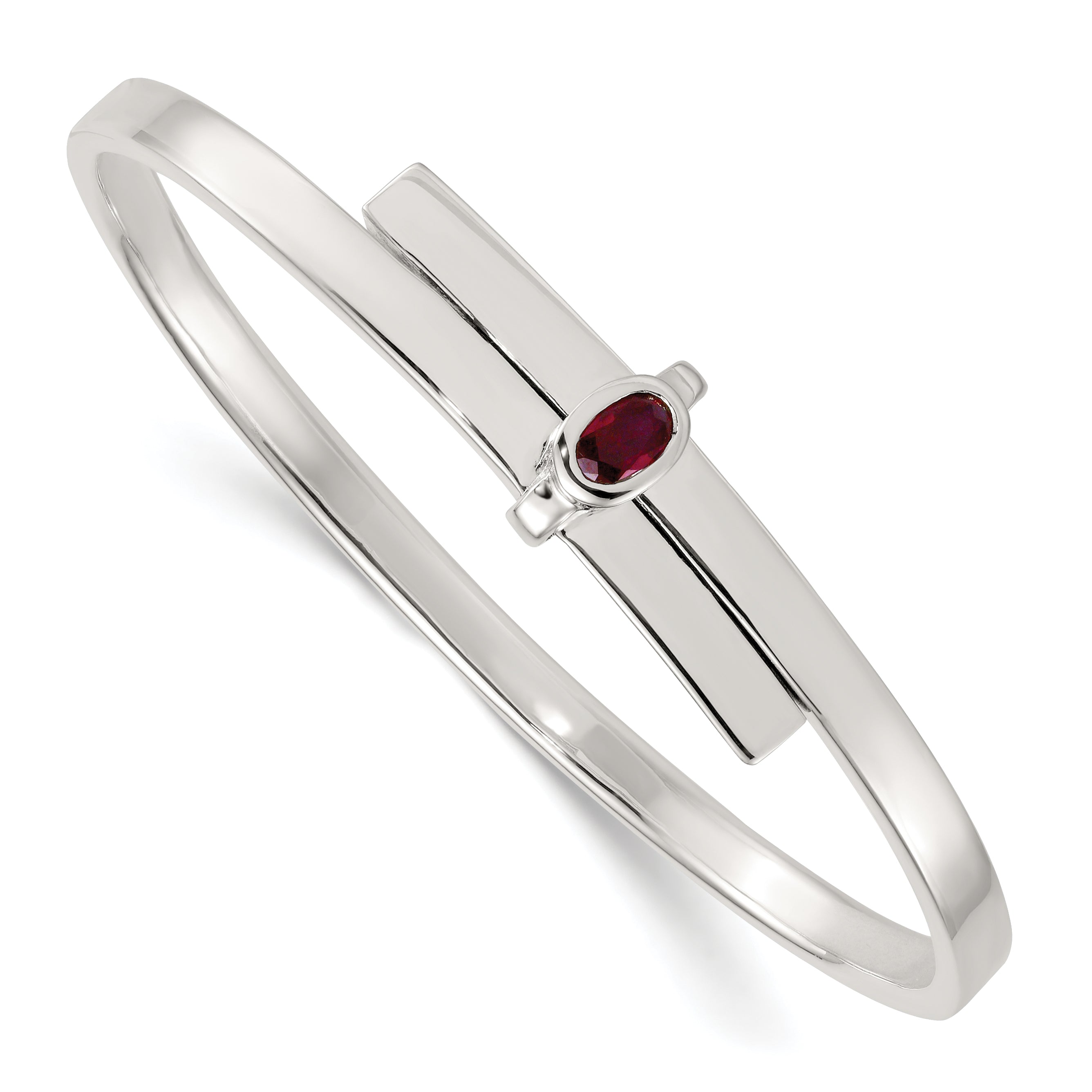 Sterling Silver Polished Oval Red CZ Slip On Expandable Bangle