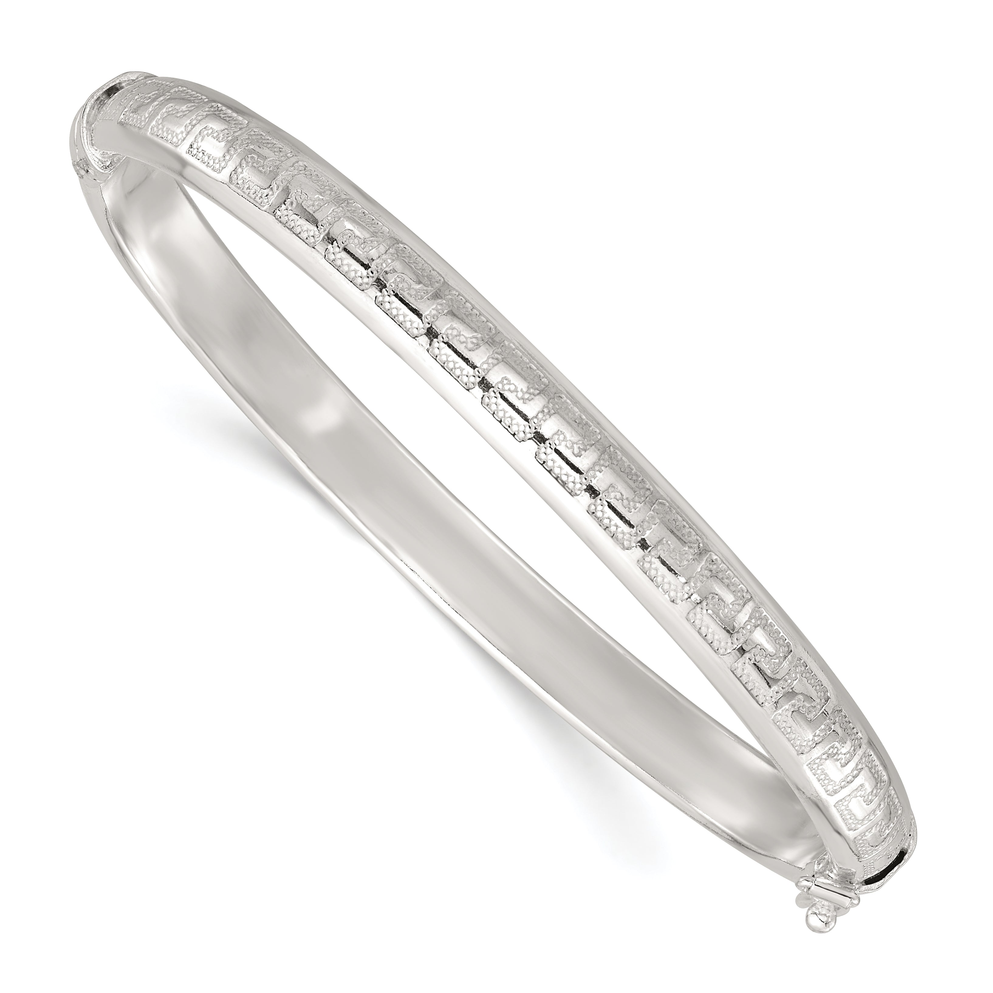 Sterling Silver Polished and Textured 6.50mm Greek Key Hinged Bangle