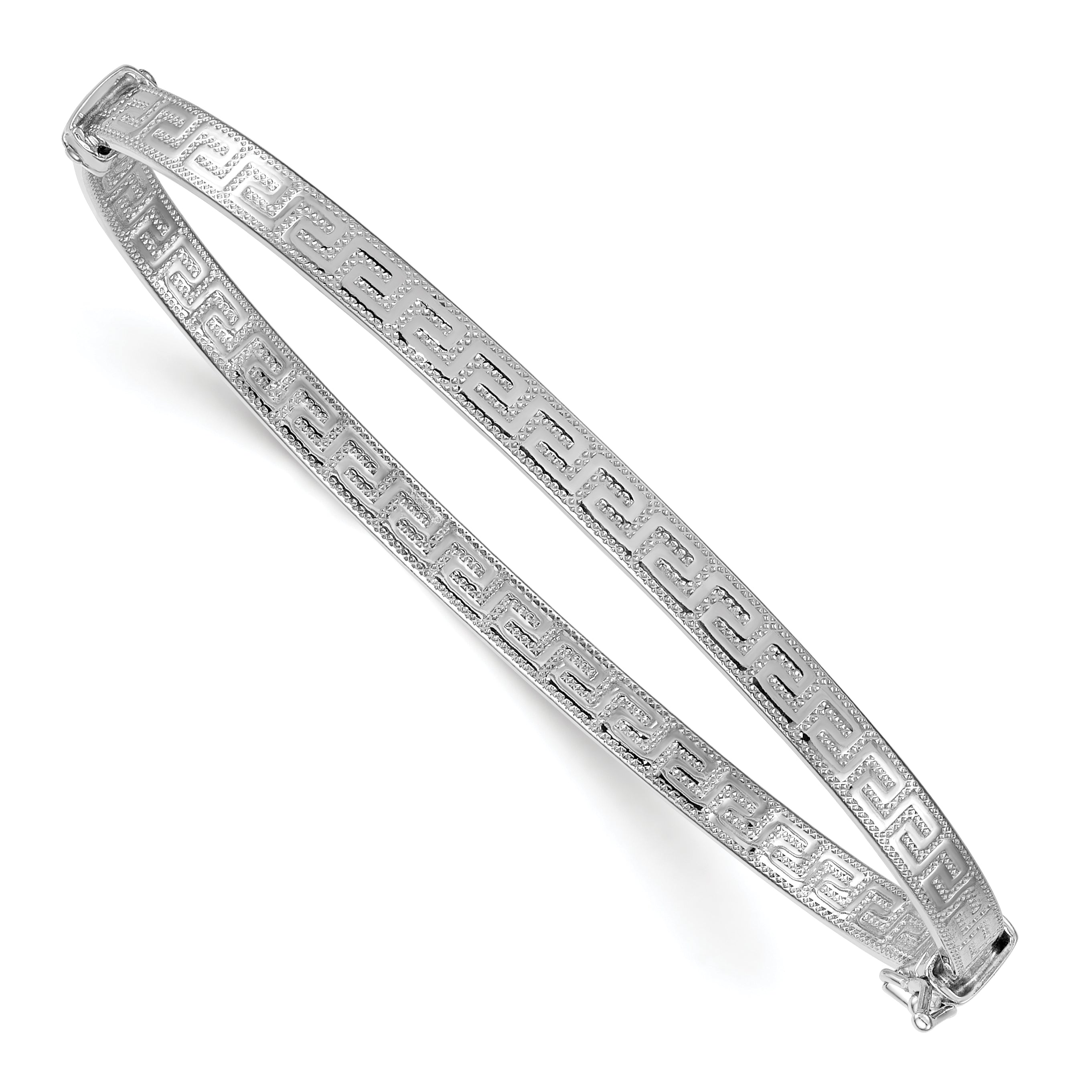 Sterling Silver Rhodium-plated Polished Textured Greek Key 4.00mm Hinged Bangle