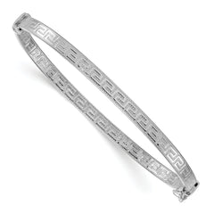 Sterling Silver Rhodium-plated Polished Textured Greek Key 4.00mm Hinged Bangle