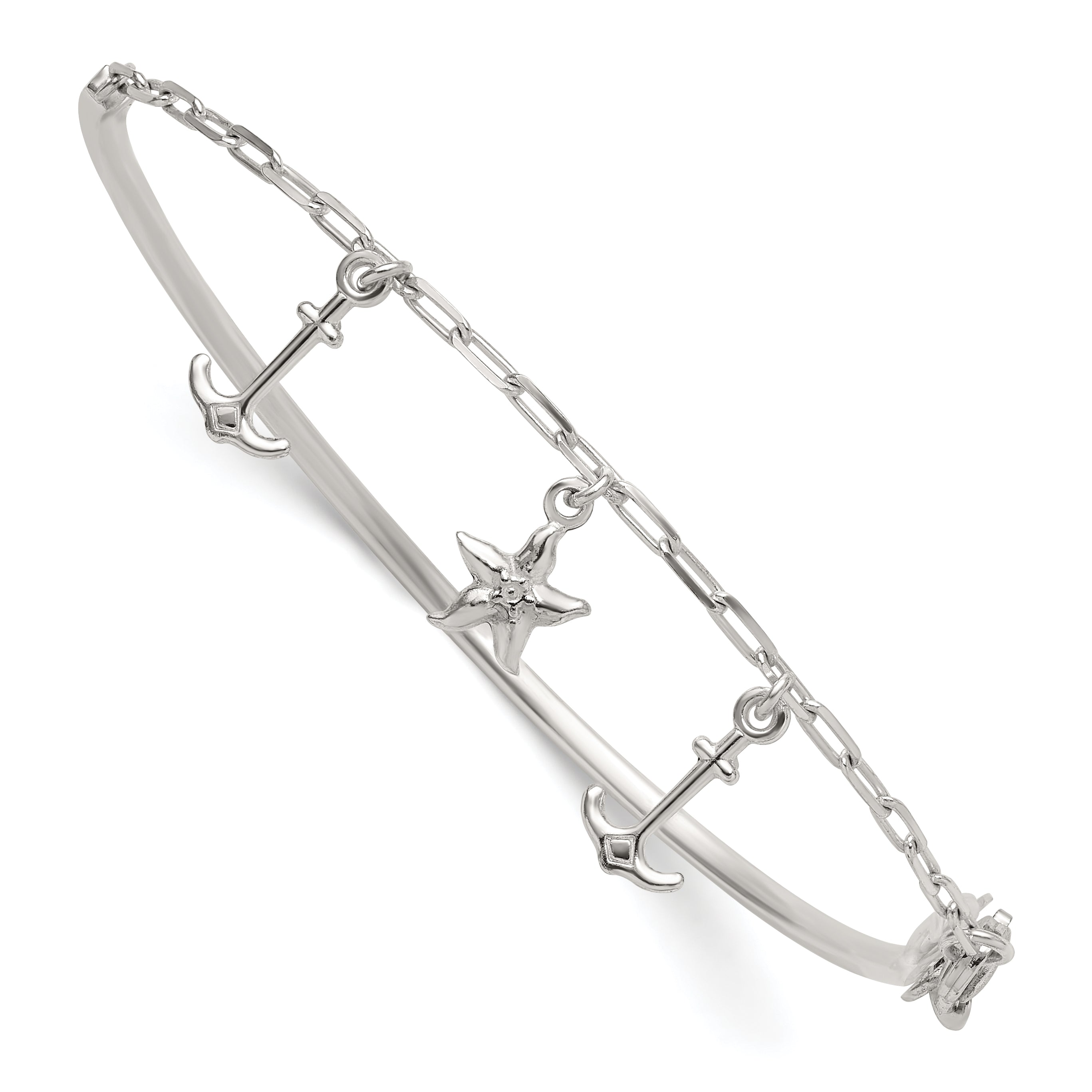 Sterling Silver Polished Anchor and Starfish Charms Half Bangle Bracelet
