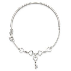 Sterling Silver Polished Open Hearts and Key Charms Half Bangle Bracelet