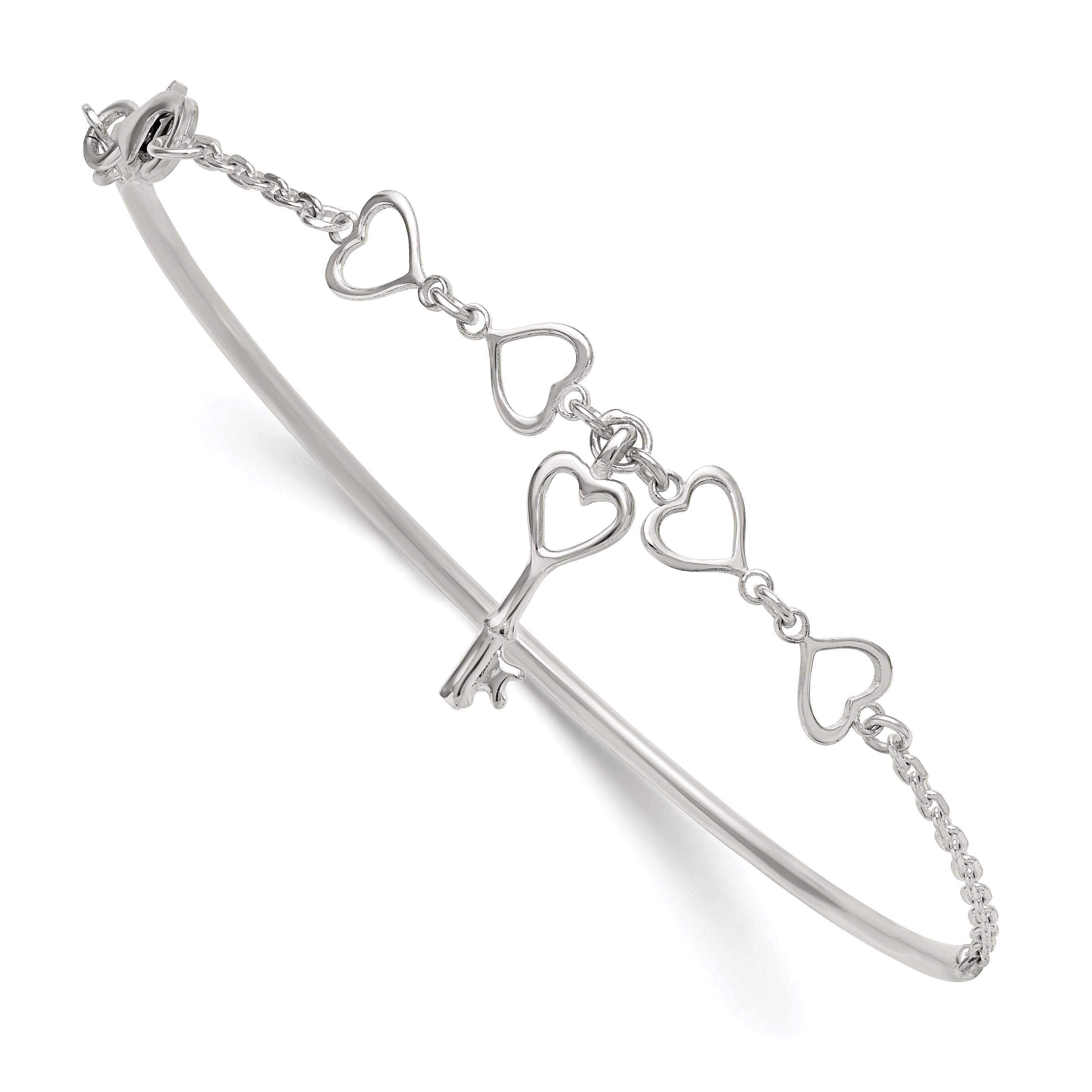 Sterling Silver Polished Open Hearts and Key Charms Half Bangle Bracelet