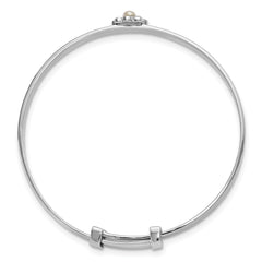 Sterling Silver Rhodium-plated Polished Green, Pink, Blue and Purple CZ and Freshwater Cultured Pearl Flower Childrens Expandable Bangle