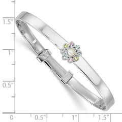 Sterling Silver Rhodium-plated Polished Green, Pink, Blue and Purple CZ and Freshwater Cultured Pearl Flower Childrens Expandable Bangle