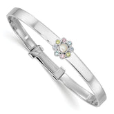 Sterling Silver Rhodium-plated Polished Green, Pink, Blue and Purple CZ and Freshwater Cultured Pearl Flower Childrens Expandable Bangle