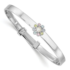 Sterling Silver Rhodium-plated Polished Green, Pink, Blue and Purple CZ and Freshwater Cultured Pearl Flower Childrens Expandable Bangle