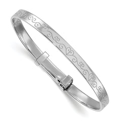 Sterling Silver Rhodium-plated Polished Etched Heart Pattern Childrens Expandable Bangle