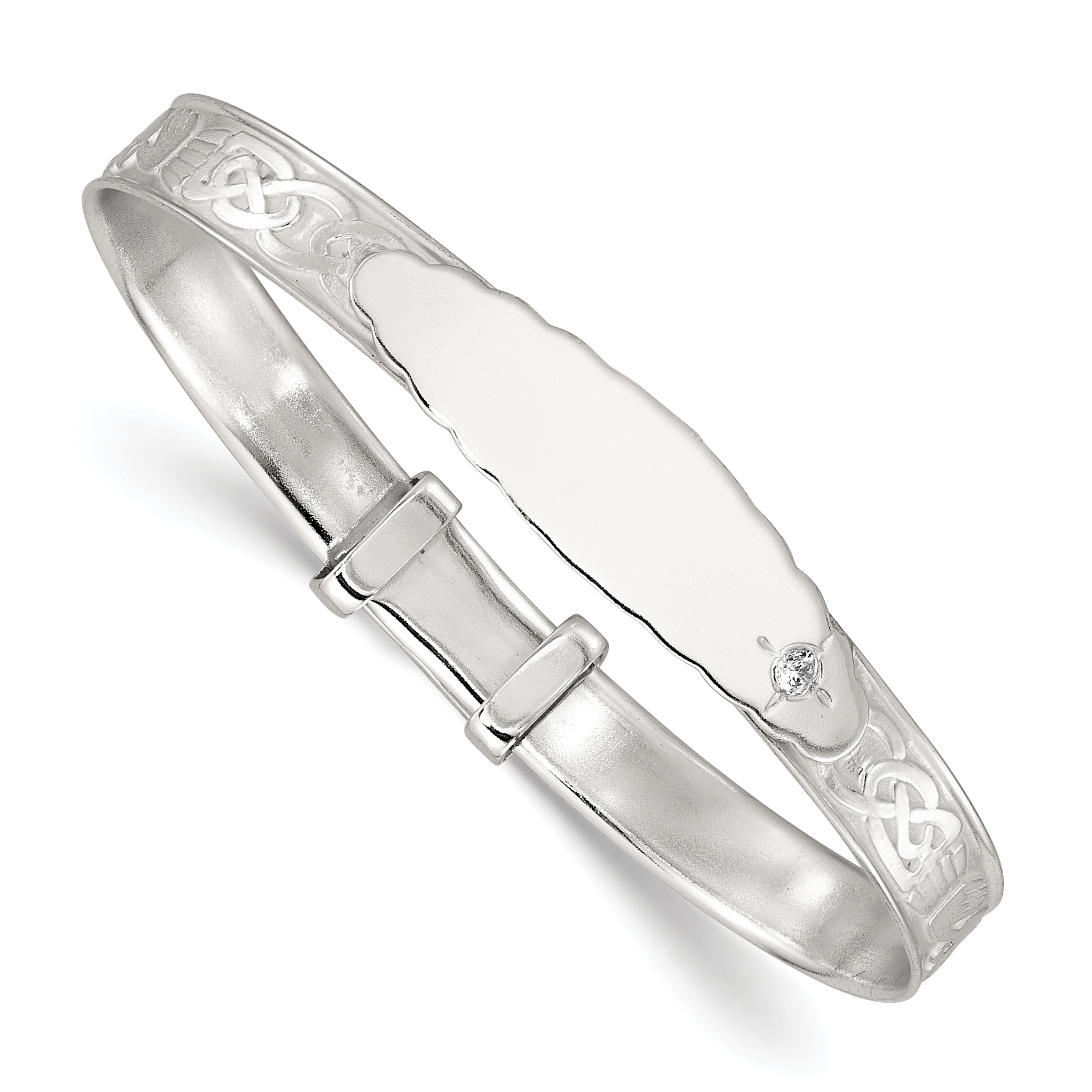 Sterling Silver Polished White CZ Claddagh Expandable Slip-on Baby ID Bangle