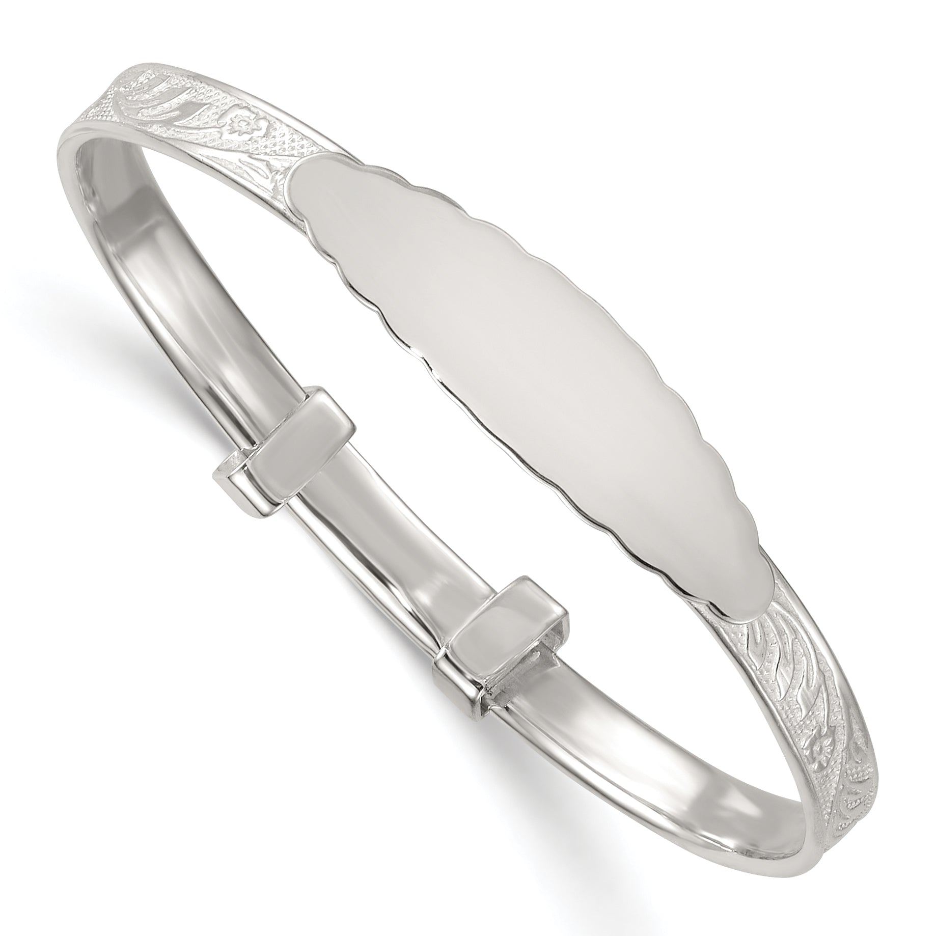 Sterling Silver Polished Textured Floral Expandable Slip-on Baby ID Bangle