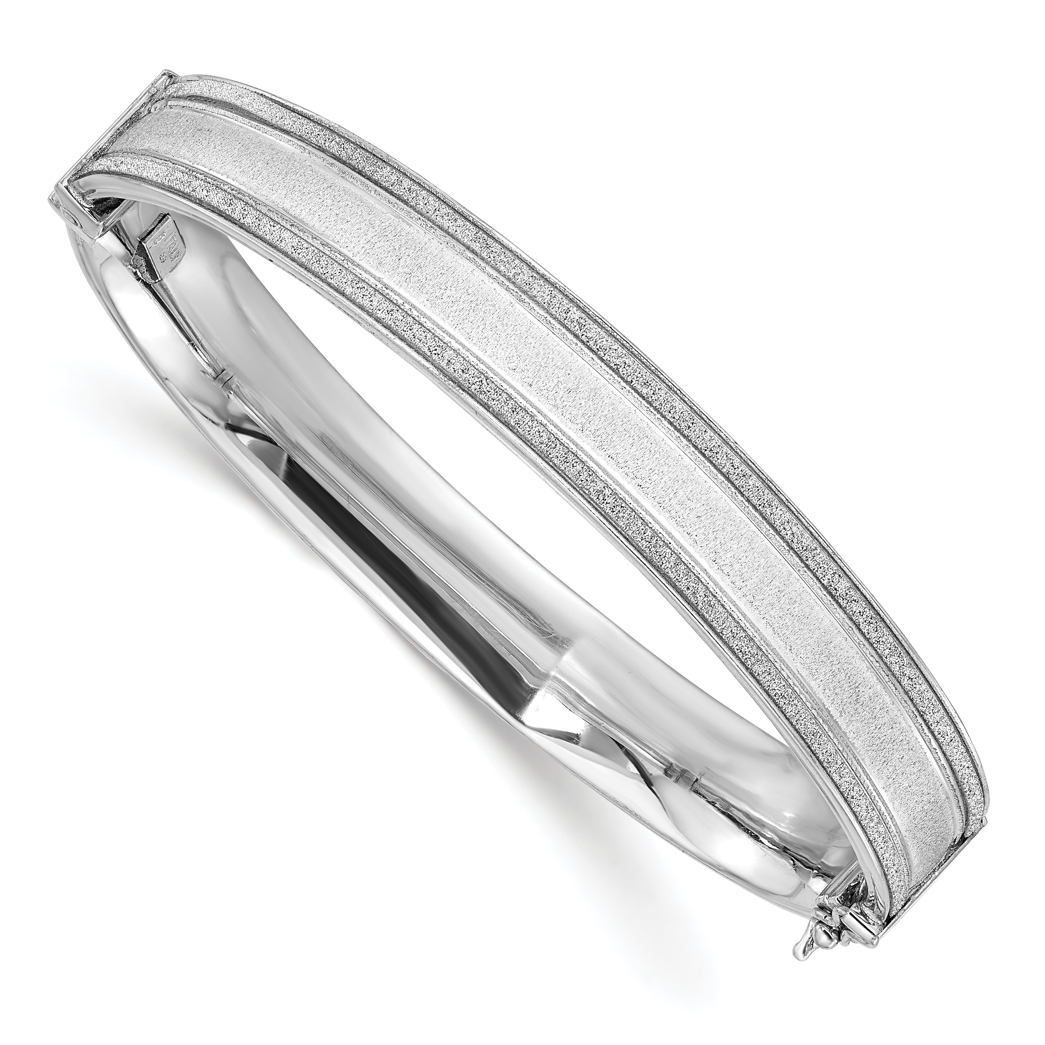 Sterling Silver Polished & Textured Baguette Glitter Hinged Bangle