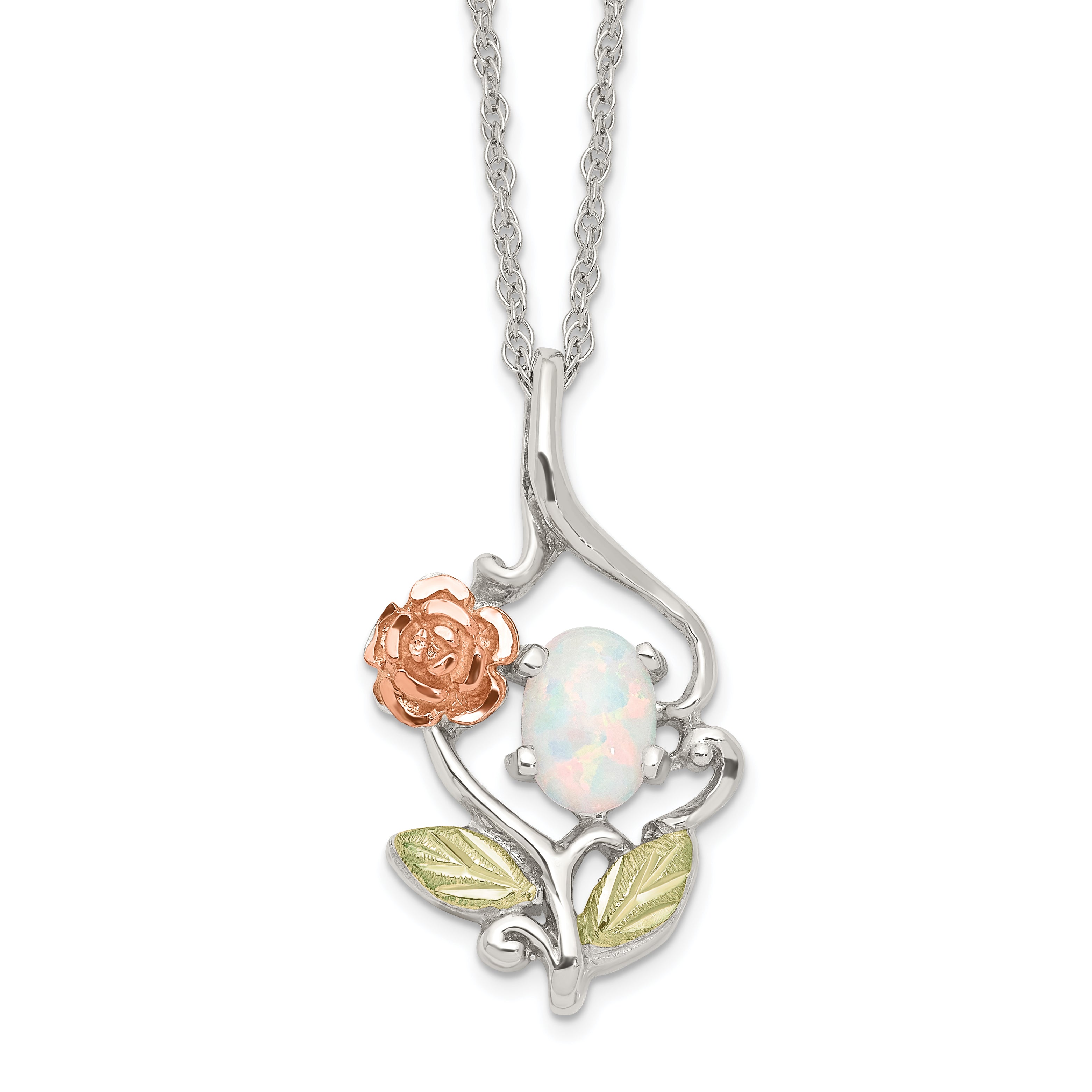 Landstrom's Mt. Rushmore Black Hills Sterling Silver 12K Gold Accents Rose and Lab Created White Opal 18 inch Spring Ring Clasp Necklace