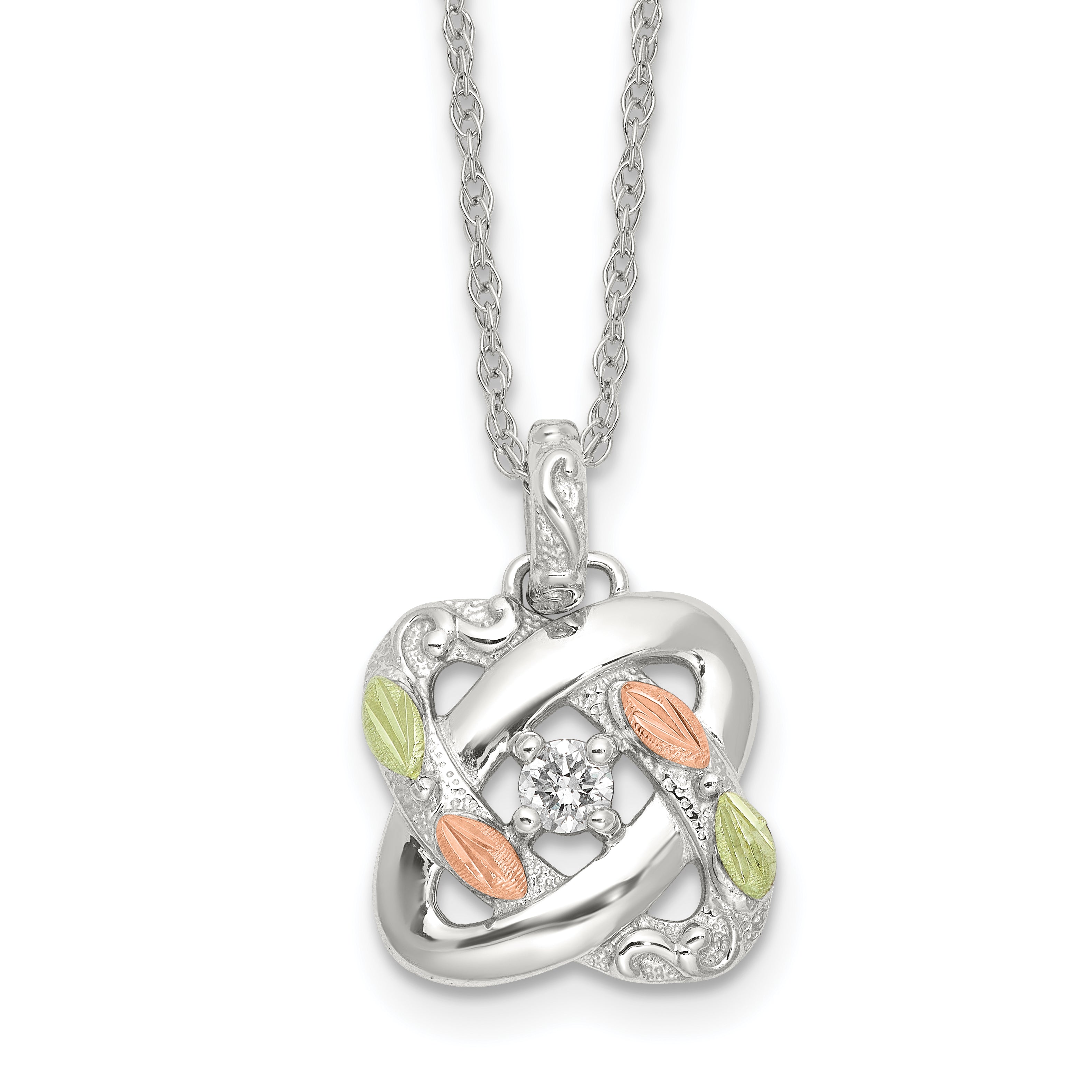 Sterling Silver Rhodium-Plated-pltd w/12K Accents Diamond Love Knot 18in Necklace
