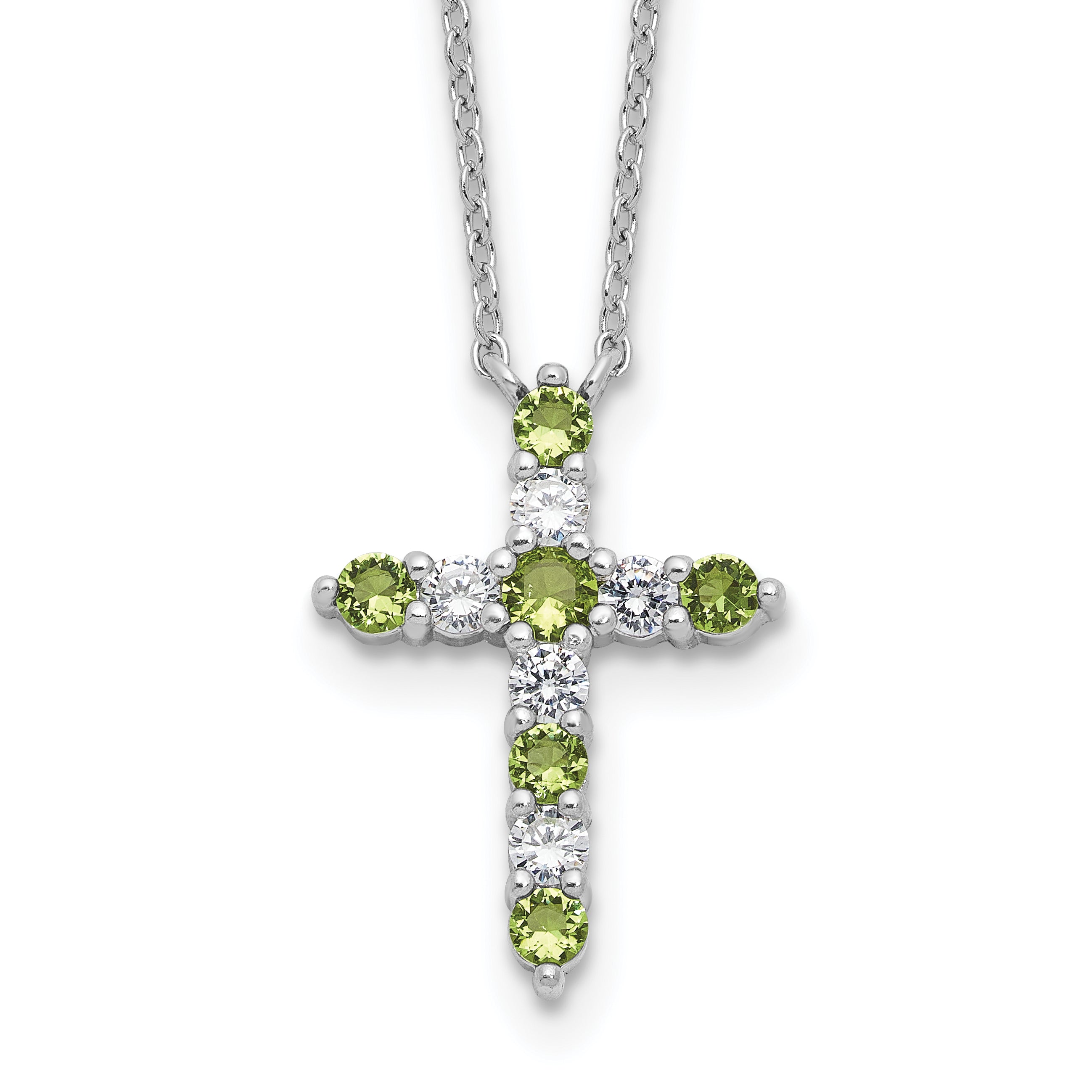 SSRhodium-Rhodium-Plated Green CZ August Birthstone Cross With 2 Inch Extention Necklace