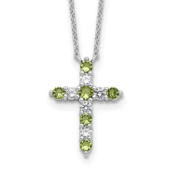 SSRhodium-Rhodium-Plated Green CZ August Birthstone Cross With 2 Inch Extention Necklace