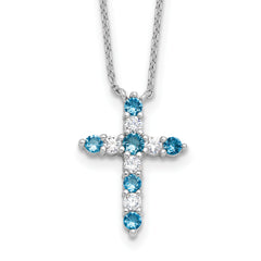 SSRhodium-Rhodium-Plated Blue CZ December Birthstone Cross With 2 Inch Extention Necklace